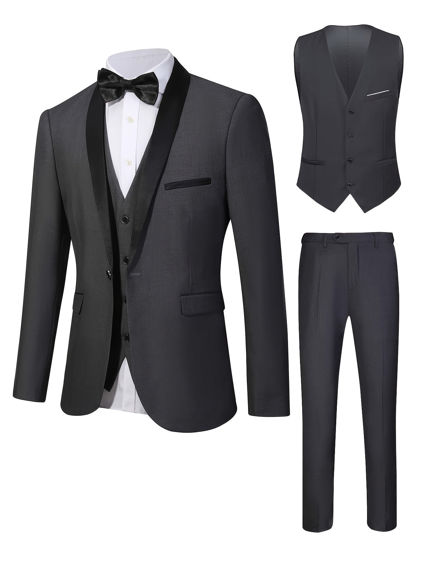 3-Piece Men's Formal Dress Outfit Set - Long Sleeve One Button Shawl Collar Jacket with Pockets, Slim Fit Pants, Perfect for Wedding Banquet and Formal Events