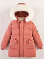 Girls Winter Puffer Jacket, Thick Coat With Hood, Casual Style, Warm Outerwear With Fur Trim Hood