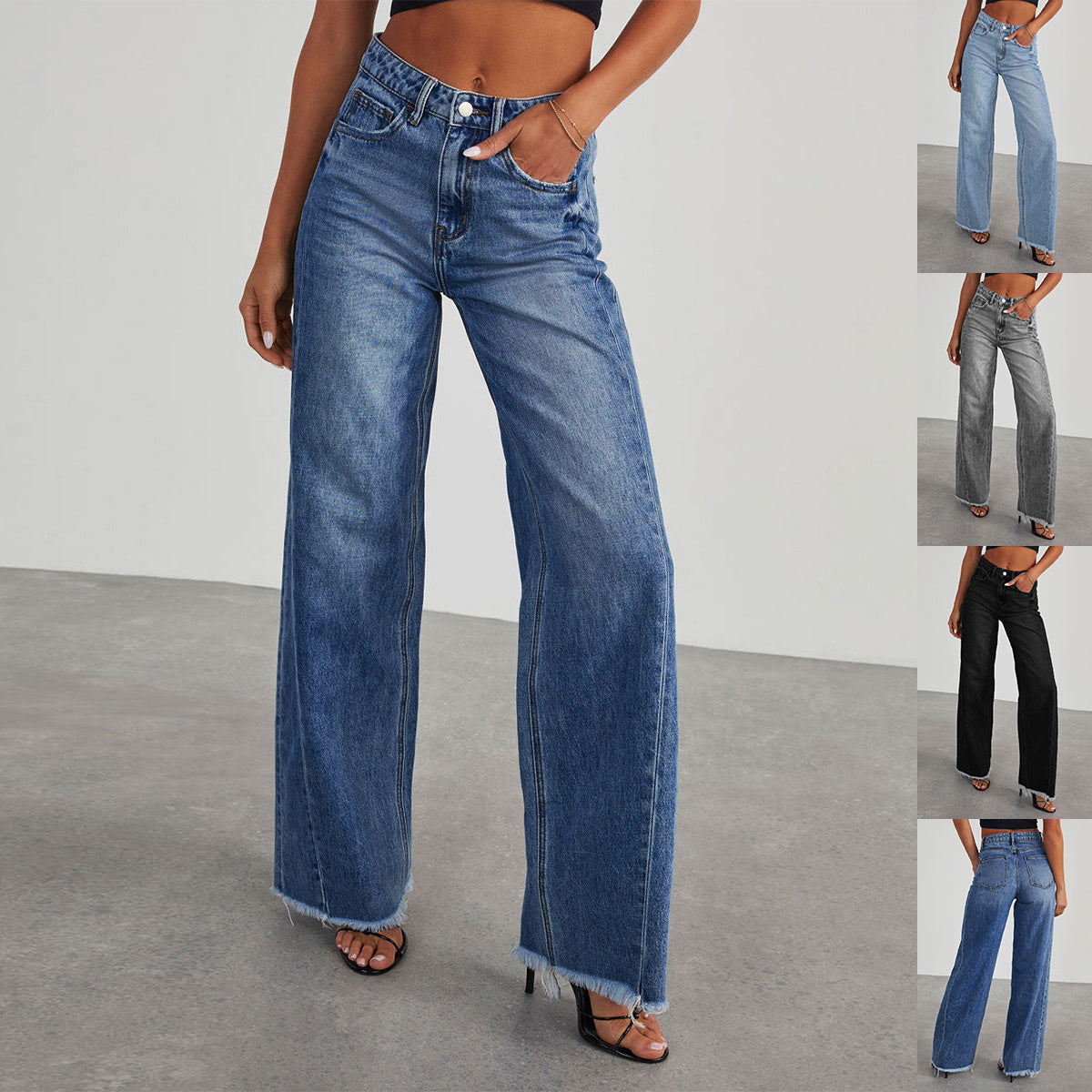 Fashion High Waist Jeans With Pockets Comfortable Slim Fit Straight Wide-leg Pants