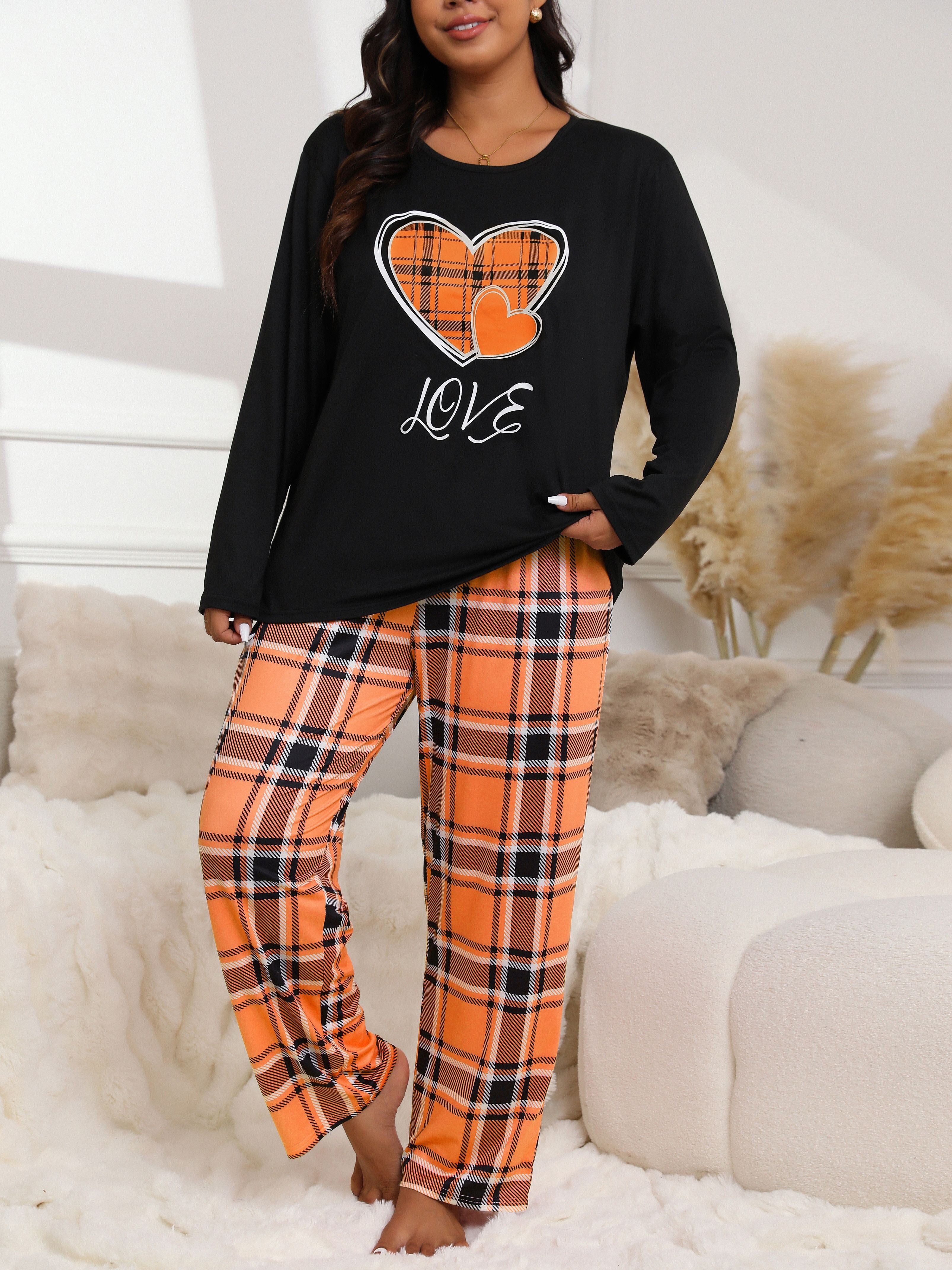 Plus Size Cozy Plaid Pajama Set - Soft Long Sleeve Top & Plaid Pants, Heart & Letter Print, Comfortable Lounge Wear for Fall & Winter, 2 Piece Set