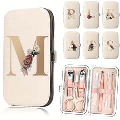 7pcs Nail Clipper Set with Golden Floral & Initial Design - Stainless Steel Manicure Tools, Portable Organizer Case Included