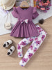 Young Girl Trendy Fashion 2Pcs Clothes Set, Including a Purple Bowknot Top and a Purple Flower Printed Long Pants