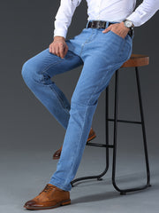 Mens Slim-Fit Solid Denim Jeans - Soft, Slightly Stretchy, Comfortable, and Versatile - Perfect for Outdoor Casual Daily Wear, Hand Wash or Dry Clean, All-Season, Cotton Blend Fabric, Woven Construction