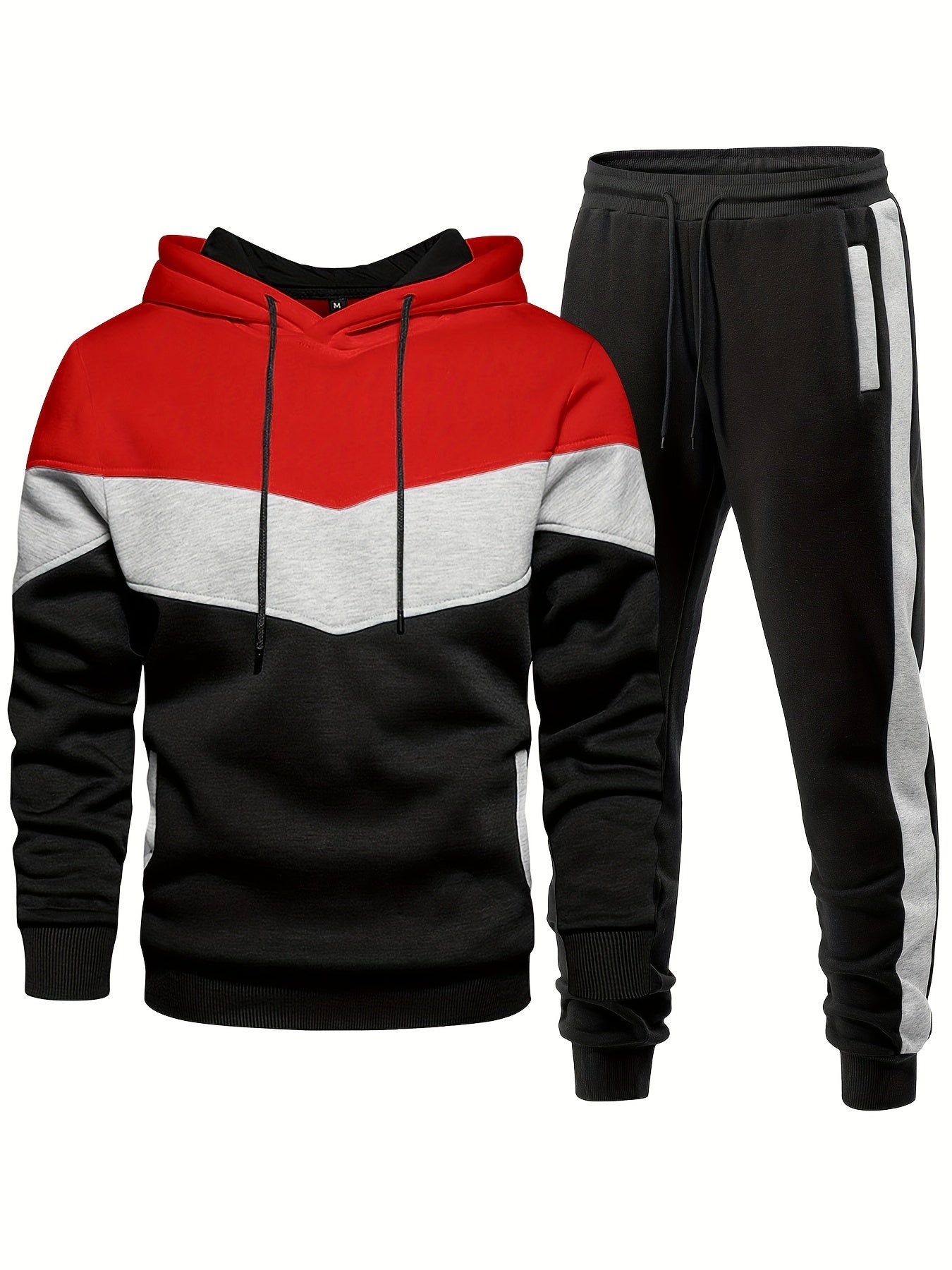 2-piece Color Block Men's Athletic Tracksuit Set, Casual Long Sleeve Hoodie With Drawstring And Jogging Pants Set For Gym Workout Running