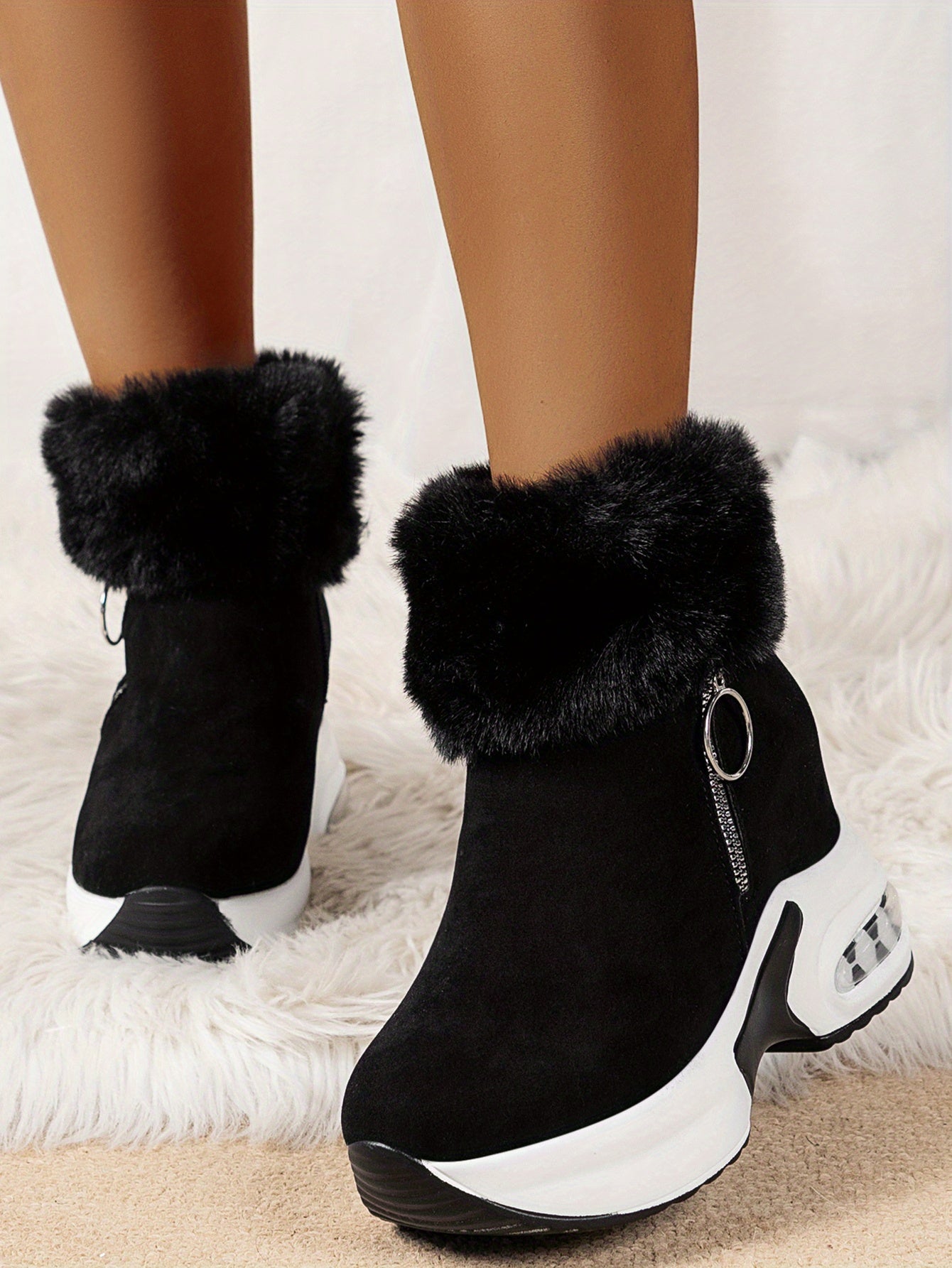 Women's Platform Short Boots, Comfortable Side Zipper Ankle Boots, Stylish Plush Lined Boots