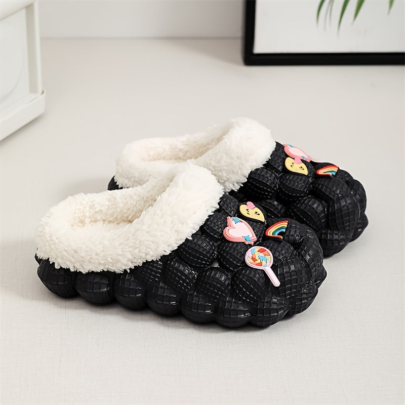 Cute Cartoon Plus Fleece House Shoes - Soft, Non-Slip, Comfortable, and Warm Indoor Walking Shoes for Girls in Autumn and Winter