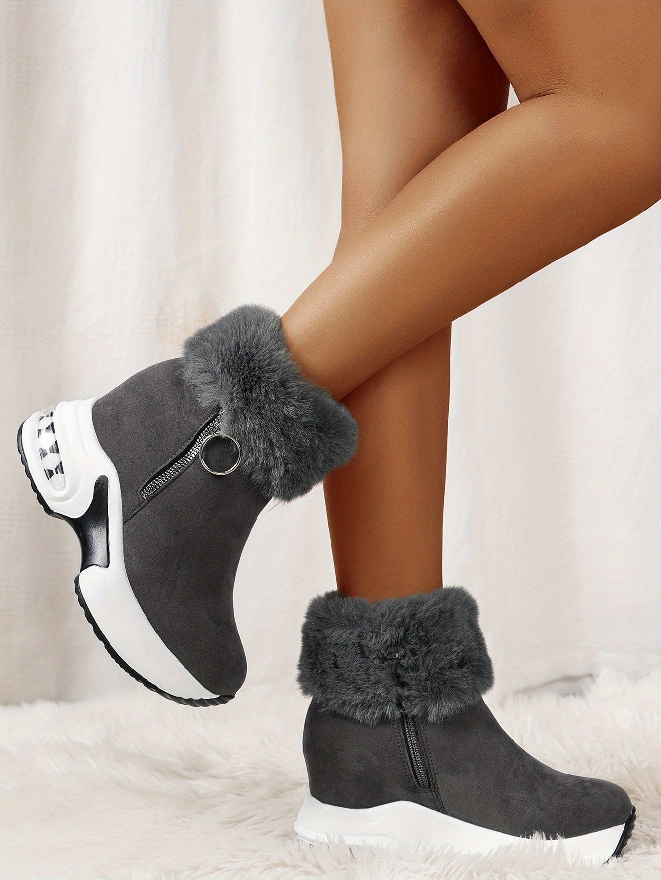 Women's Platform Short Boots, Comfortable Side Zipper Ankle Boots, Stylish Plush Lined Boots