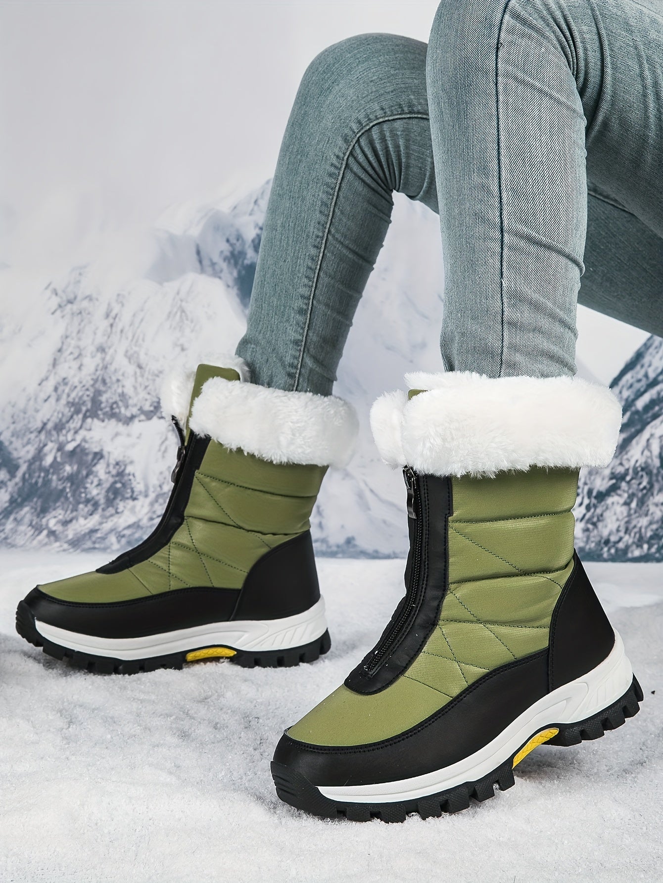 Comfortable Women's Plush Lined Platform Snow Boots, Fashion Front Zipper Outdoor Boots