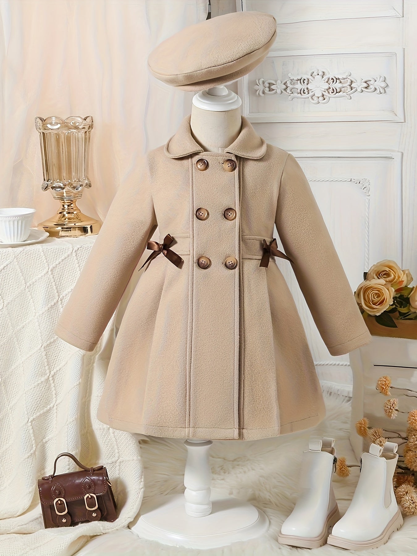 Chic Girls' Winter Coat with Bow Detail - Warm, Fashionable Double-Breasted Long Overcoat & Matching Hat Set for Youngsters