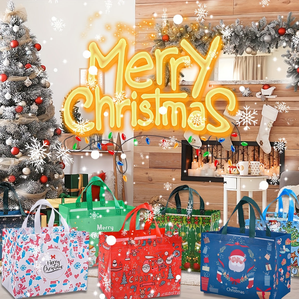 8/16pcs Set Large Christmas Gift Bags with Handles - Reusable Non-Woven Tote Bags for Holiday Shopping & Decor, Durable & Foldable, Featuring Santa, Elk, Tree Designs - 12.8"x9.8"x6.7"