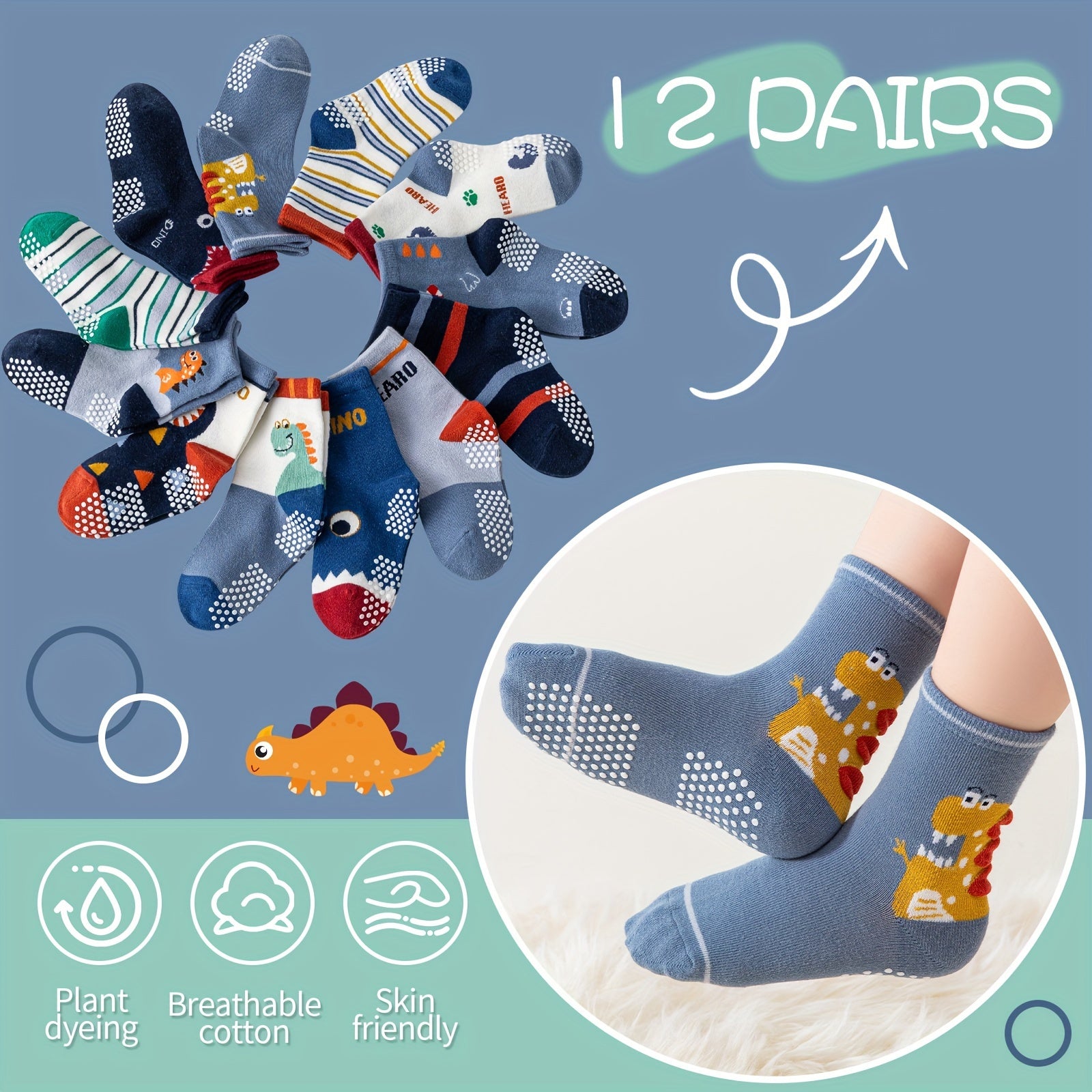 12 Pairs Of Baby Boys Grips Socks Kids Toddlers Infants Non Slip/Anti Skid Crew Cotton Socks