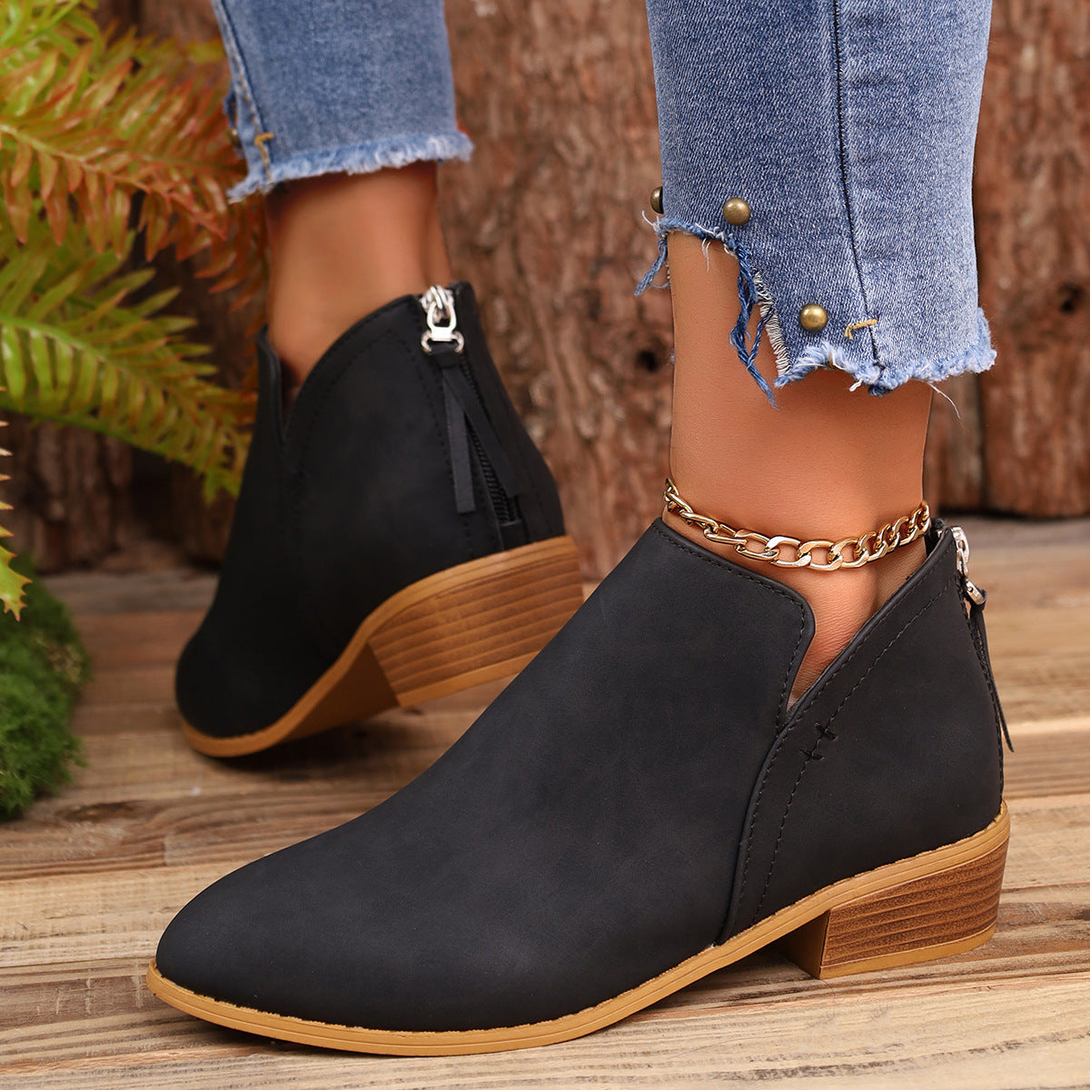 Chunky Heel Pointed Toe Ankle Boots With V-cut Design