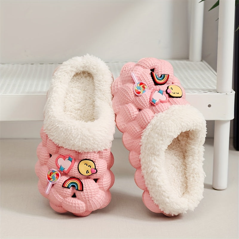 Cute Cartoon Plus Fleece House Shoes - Soft, Non-Slip, Comfortable, and Warm Indoor Walking Shoes for Girls in Autumn and Winter