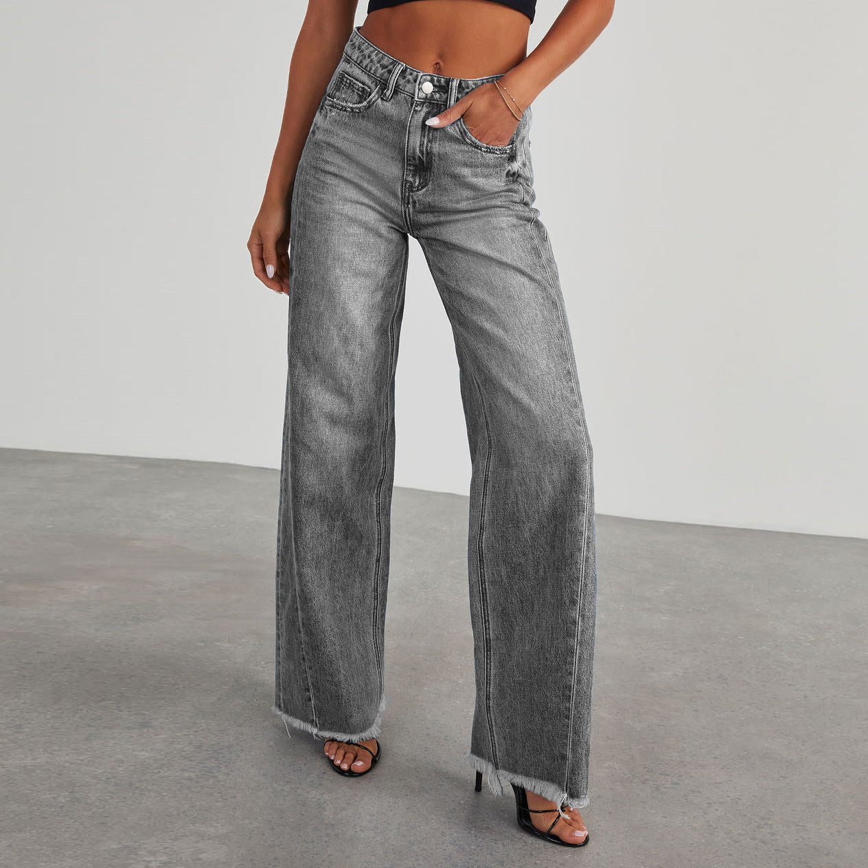 Fashion High Waist Jeans With Pockets Comfortable Slim Fit Straight Wide-leg Pants