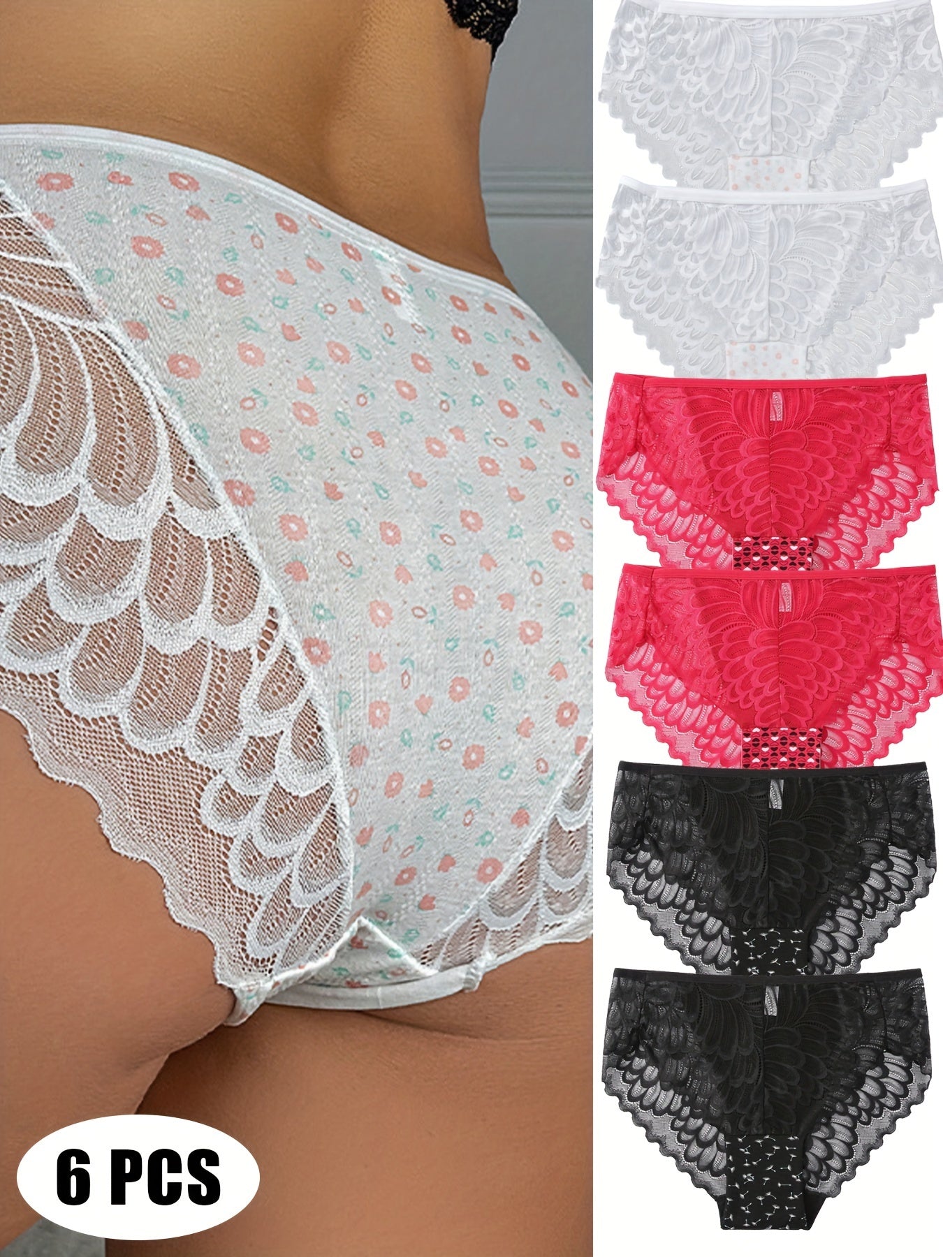 6 PCS Delicate Floral Lace Lightweight & Breathable Underwear for Women - Moisture Wicking, Quick Drying, Comfortable, Soft, and Silky Panties for Everyday Wear - Perfect for Sensitive Skin and Active Lifestyle