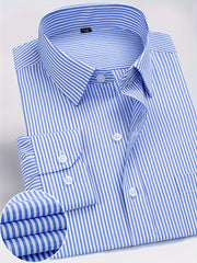 Classic Men's Long Sleeve Striped Shirt - Polyester Non-Stretch Fabric, Button Detail, Casual & Business Style Essential