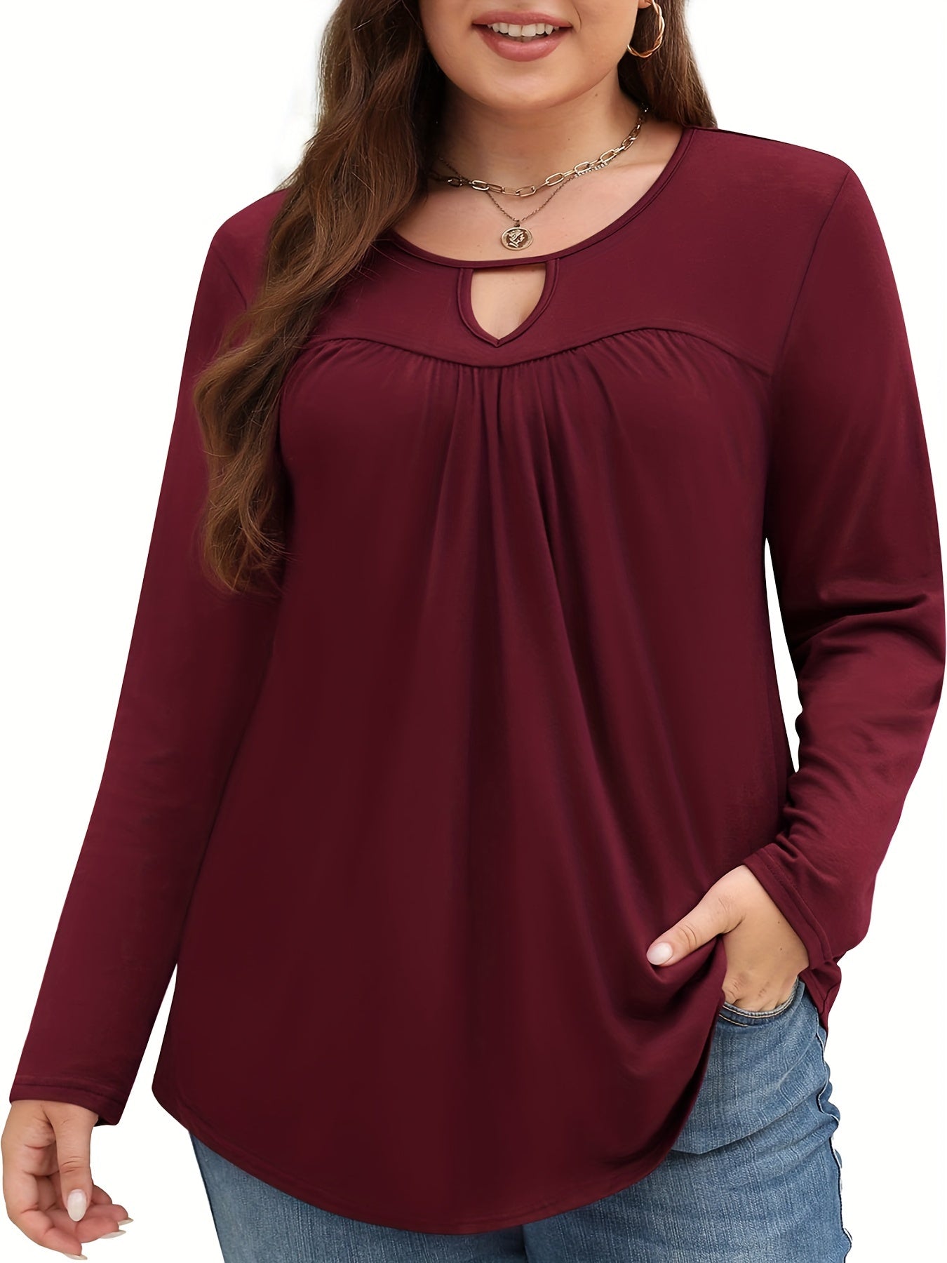 Stylish Plus Size Women's Long Sleeve Keyhole Crewneck Pleated Tunics Tee Blouse - Women Plus - Soft, Breathable, Relaxed Fit, Flattering Silhouette, Versatile Wardrobe Essential