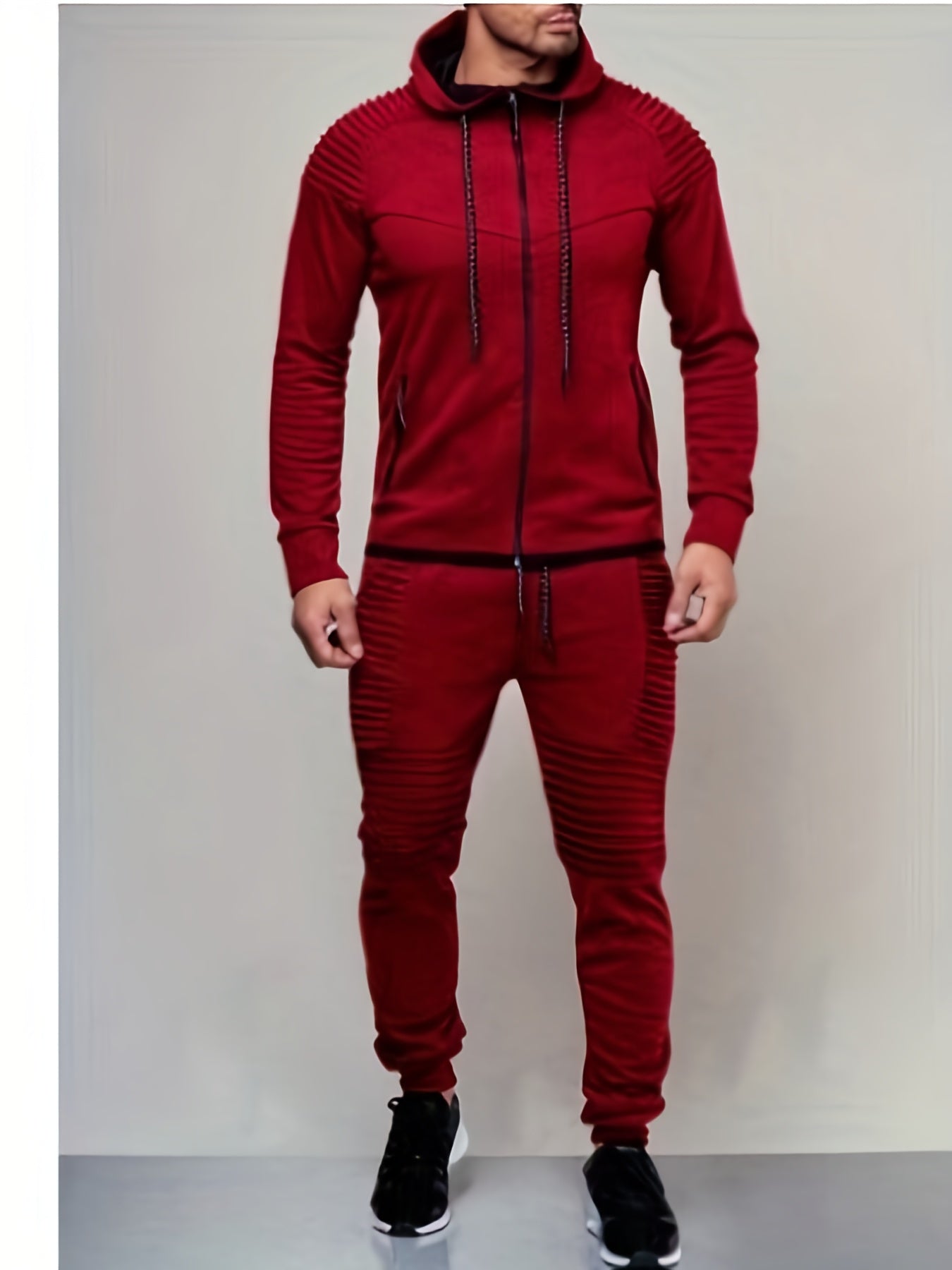 Mens Casual 2PCS Set, Solid Color Long Sleeve Straps Hoodie Zip Pockets Top, Long Loose Drawing Straps Pants, Sweatsuits