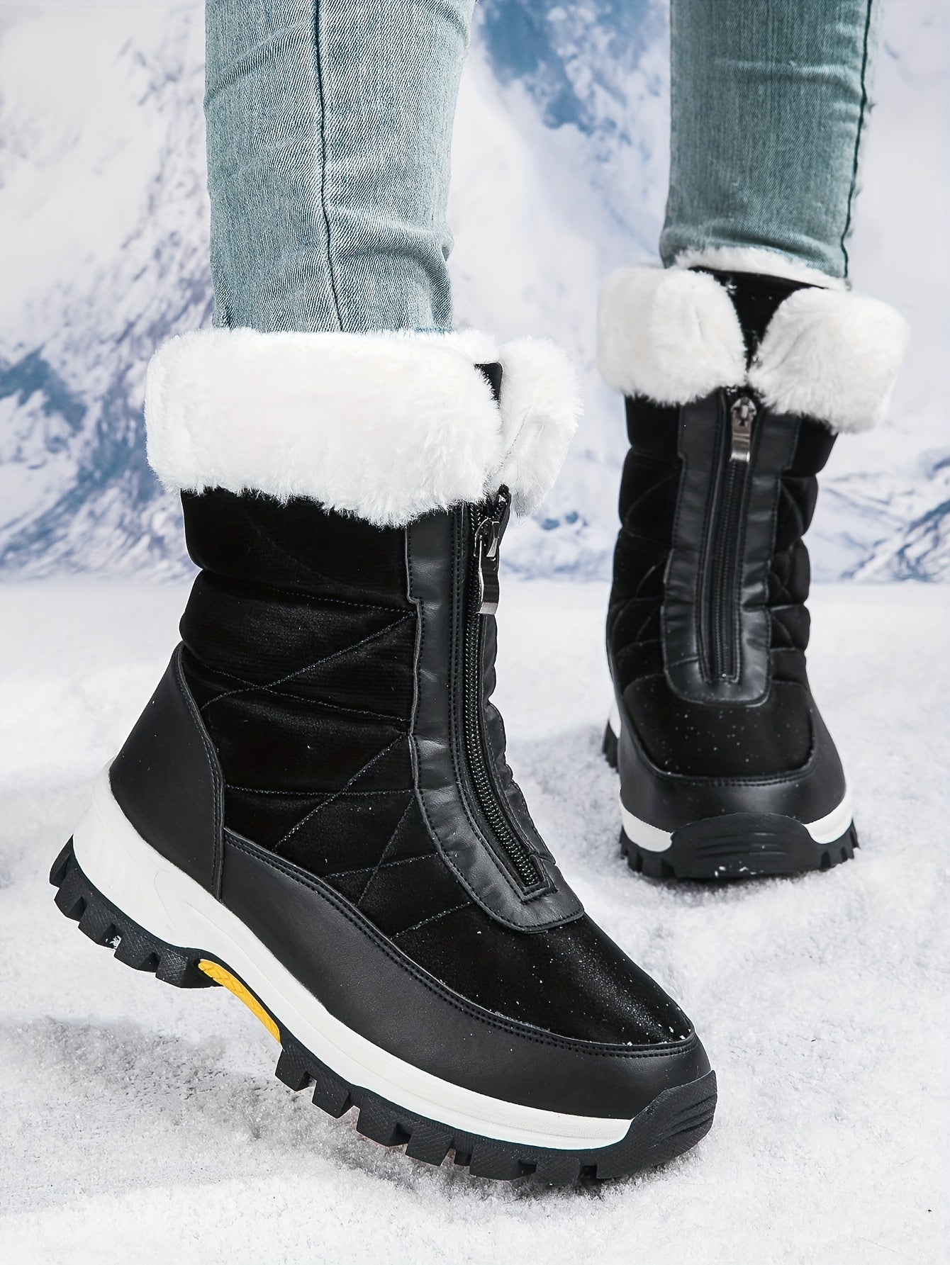 Comfortable Women's Plush Lined Platform Snow Boots, Fashion Front Zipper Outdoor Boots