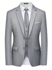 3-Piece Classic Solid Dress Suit Set - Single-Breasted Jacket, Vest, and Trousers - Formal Attire for Men, Perfect for Weddings, Job Interviews, and Business Meetings