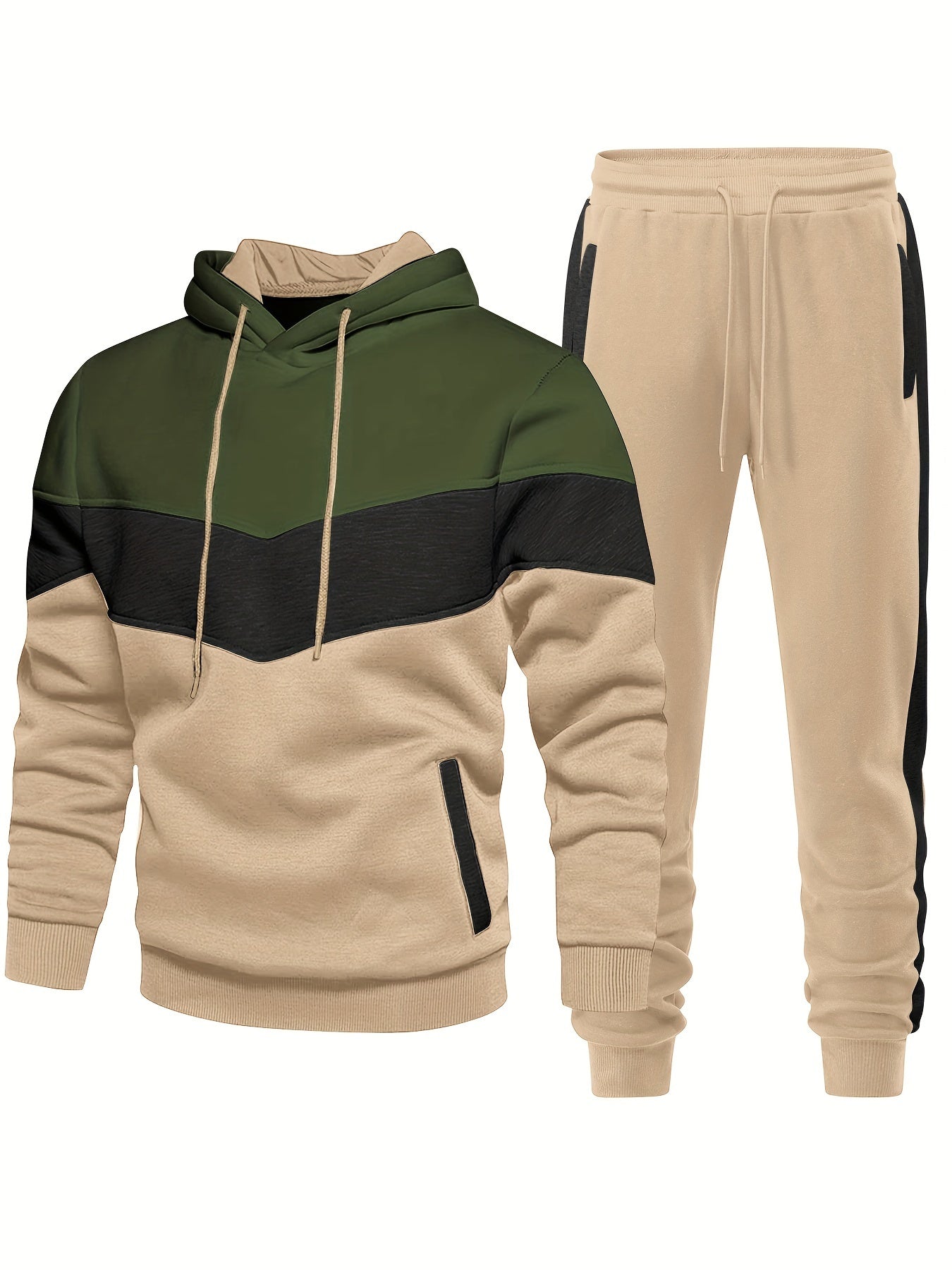 2-piece Color Block Men's Athletic Tracksuit Set, Casual Long Sleeve Hoodie With Drawstring And Jogging Pants Set For Gym Workout Running