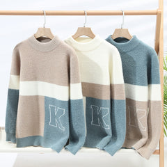 Round Neck Jacquard Color Matching Long Sleeve Pullover