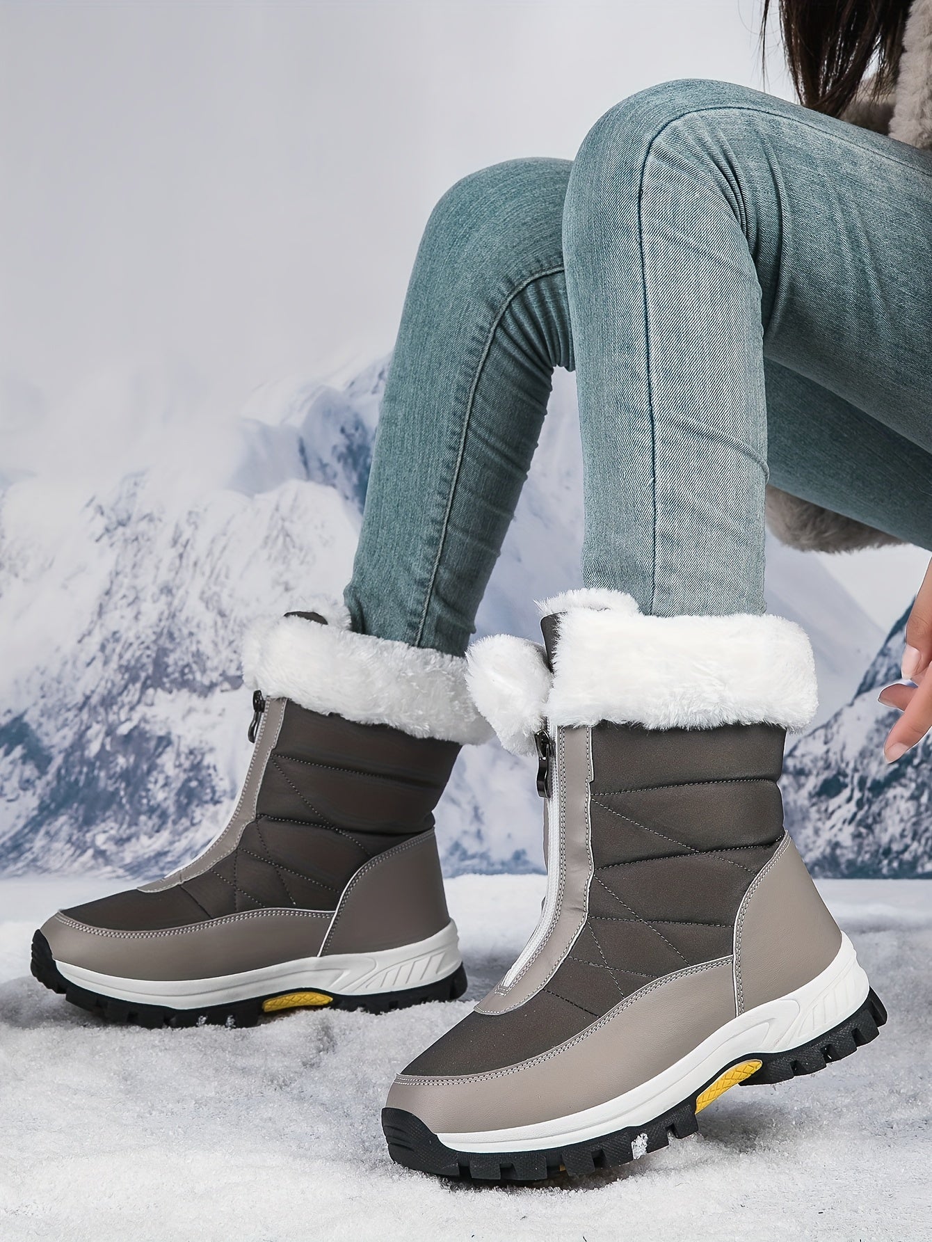 Comfortable Women's Plush Lined Platform Snow Boots, Fashion Front Zipper Outdoor Boots