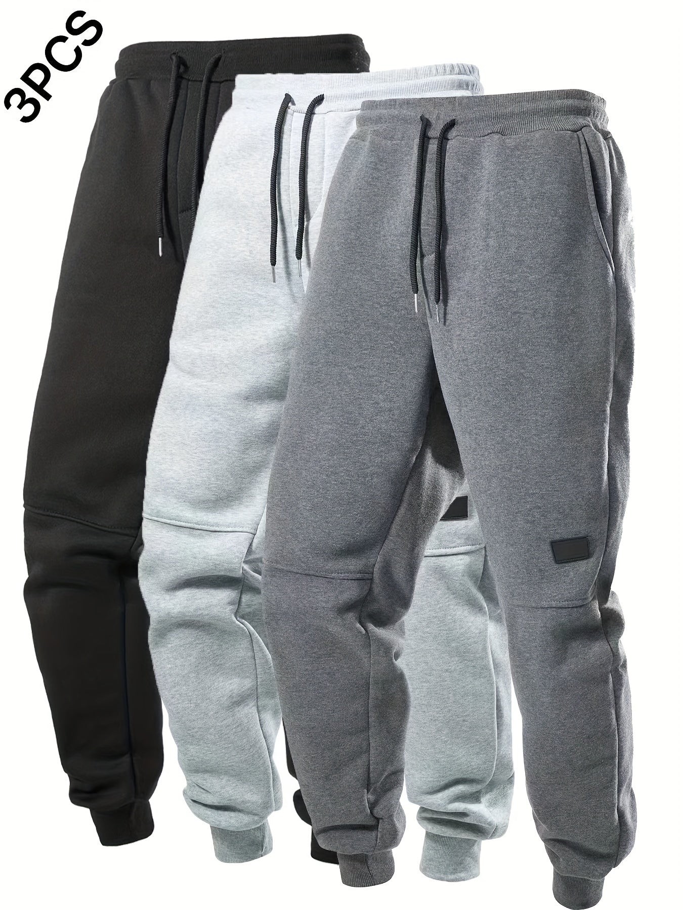 3pcs Solid Color Men's Casual Joggers With Pockets, Drawstring Pants For Sport And Casual Wear