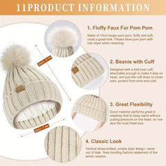 3 Pack Winter Beanie Hat Scarf Gloves Set for Women, Womens Beanie with Pom Pom Long Scarf Neck Warmer Touchscreen Gloves 3 in 1 Set