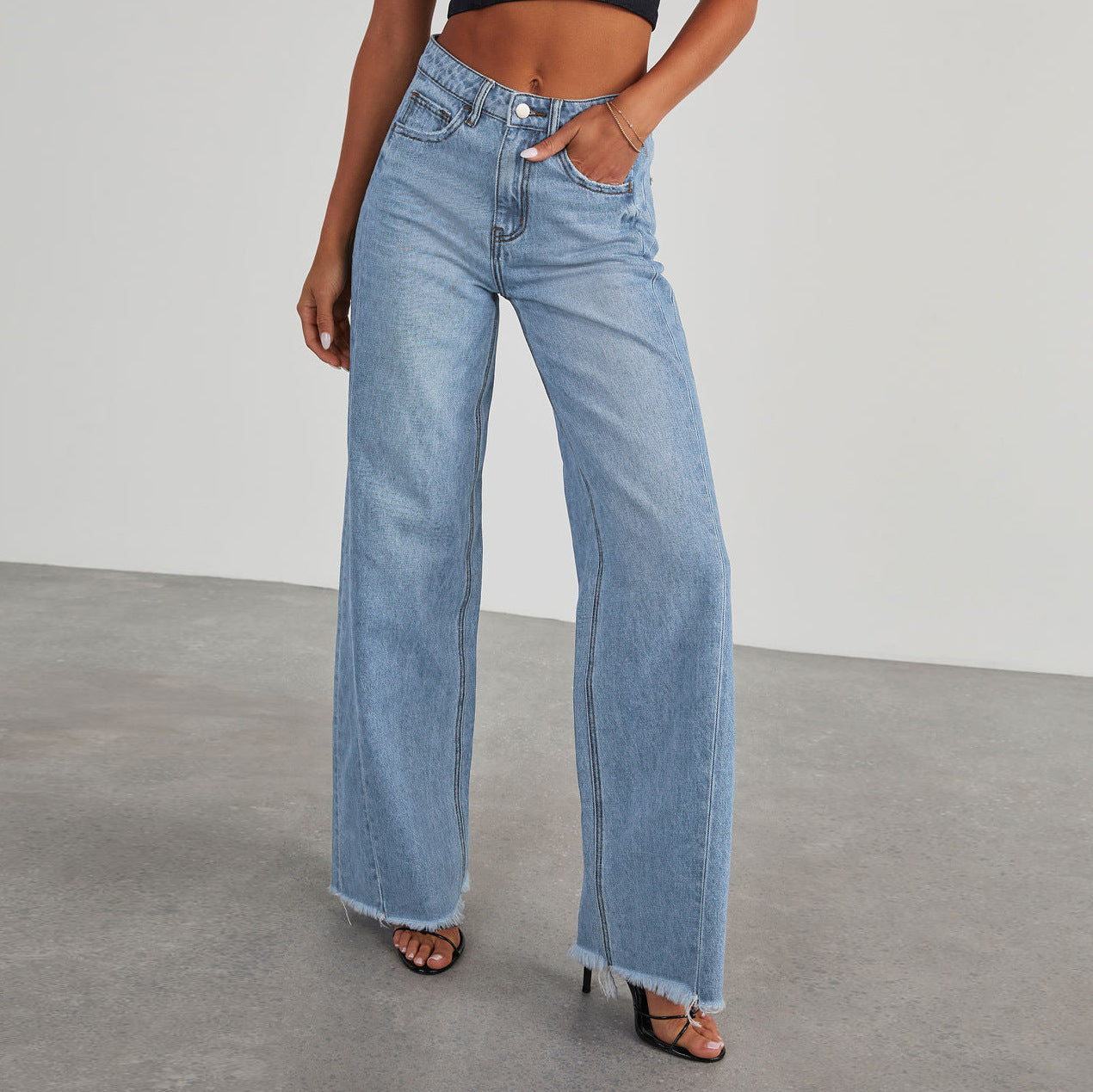 Fashion High Waist Jeans With Pockets Comfortable Slim Fit Straight Wide-leg Pants