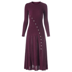 Long sleeved design with curved buttons heavy-duty elastic round neck mid east wind long dress