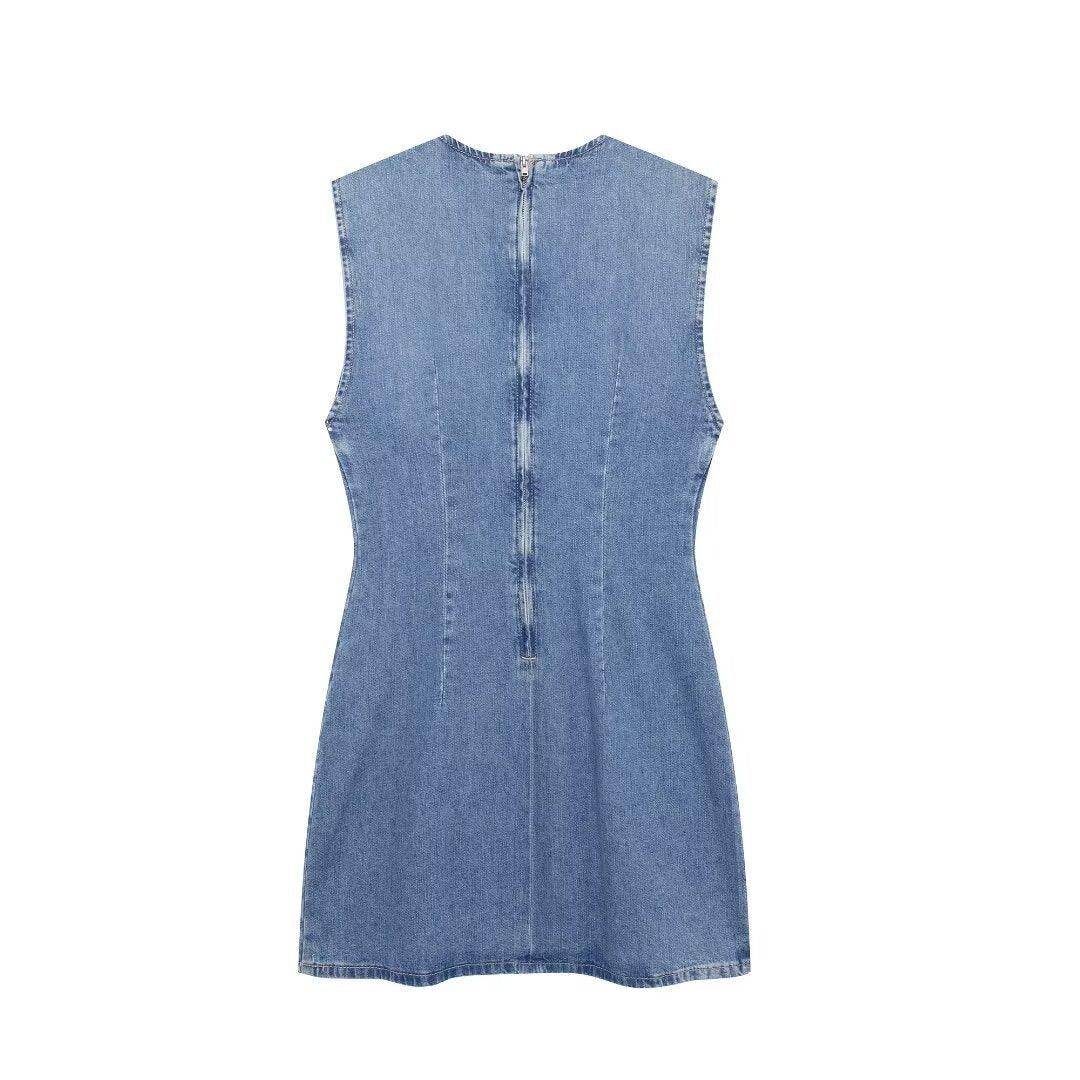 European and American style women's comfortable sleeveless slim fit casual denim jumpsuit short skirt