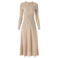 Long sleeved design with curved buttons heavy-duty elastic round neck mid east wind long dress