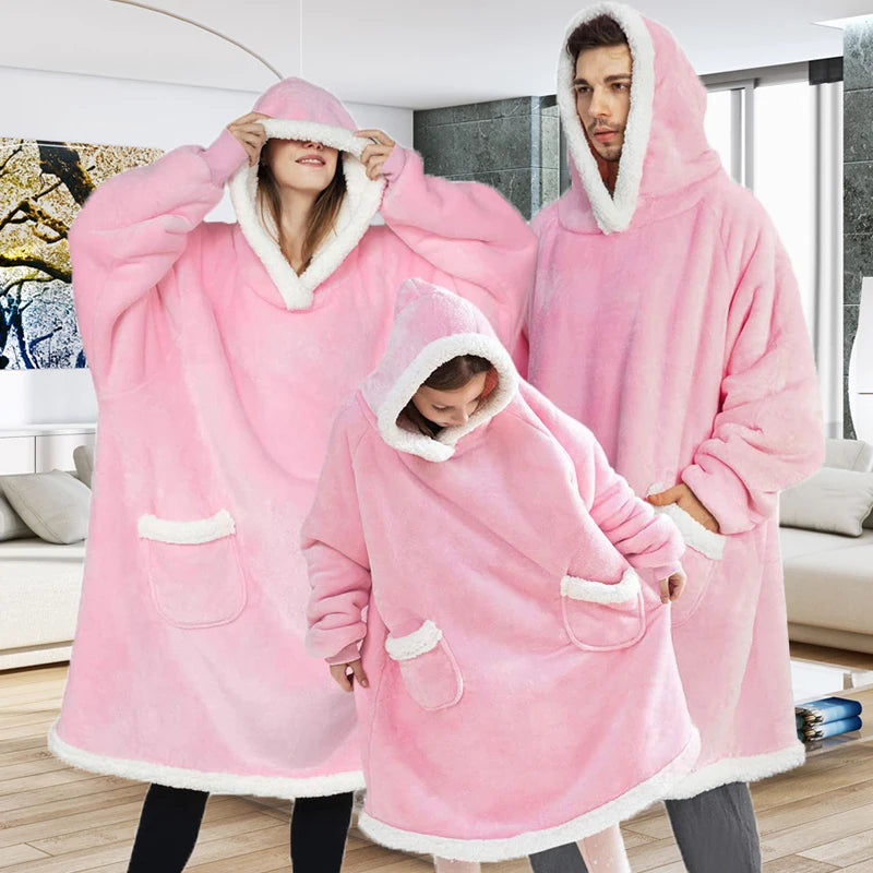 Winter Warm TV Blanket with Sleeves Big Pocket Fleece Family Sherpa Hoodies Oversized Flannel Soft Hooded Robe Blankets