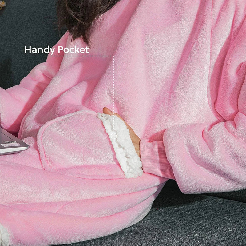 Winter Warm TV Blanket with Sleeves Big Pocket Fleece Family Sherpa Hoodies Oversized Flannel Soft Hooded Robe Blankets