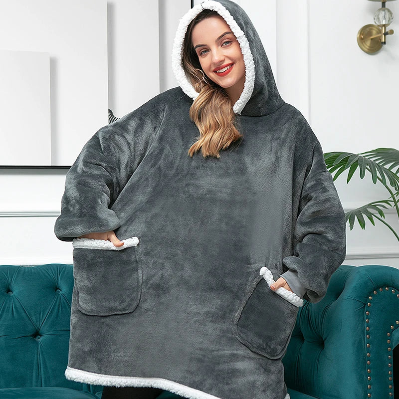 Winter Warm TV Blanket with Sleeves Big Pocket Fleece Family Sherpa Hoodies Oversized Flannel Soft Hooded Robe Blankets