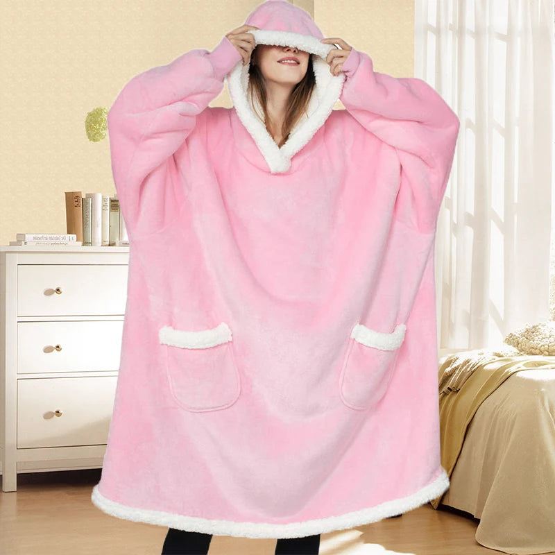 Winter Warm TV Blanket with Sleeves Big Pocket Fleece Family Sherpa Hoodies Oversized Flannel Soft Hooded Robe Blankets