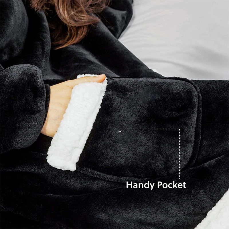 Winter Warm TV Blanket with Sleeves Big Pocket Fleece Family Sherpa Hoodies Oversized Flannel Soft Hooded Robe Blankets