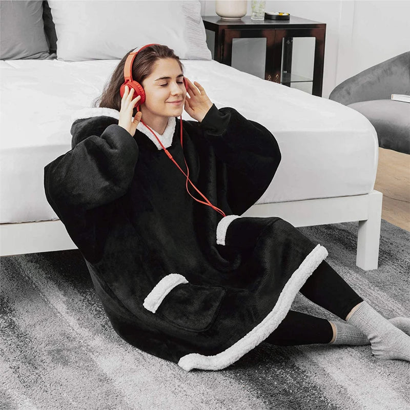 Winter Warm TV Blanket with Sleeves Big Pocket Fleece Family Sherpa Hoodies Oversized Flannel Soft Hooded Robe Blankets