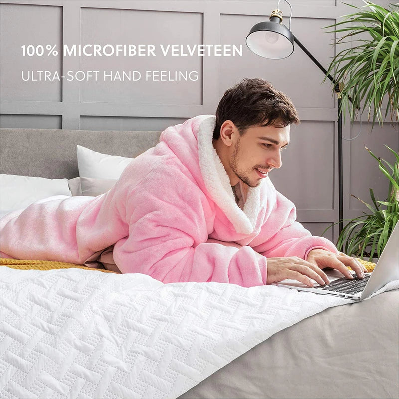 Winter Warm TV Blanket with Sleeves Big Pocket Fleece Family Sherpa Hoodies Oversized Flannel Soft Hooded Robe Blankets