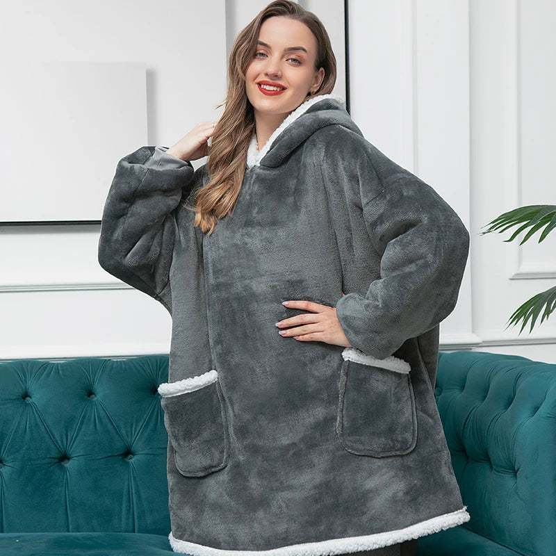 Winter Warm TV Blanket with Sleeves Big Pocket Fleece Family Sherpa Hoodies Oversized Flannel Soft Hooded Robe Blankets