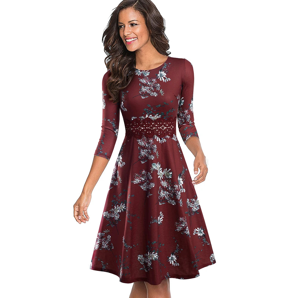 Nice-forever Autumn Retro Pure Color with Lace Dresses Party A-Line Women Flared Swing Dress A190