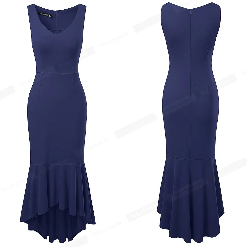 Nice-Forever Summer Women Solid Color Elegant Mermaid Dresses Cocktail Vinatge Bodycon Dress B671