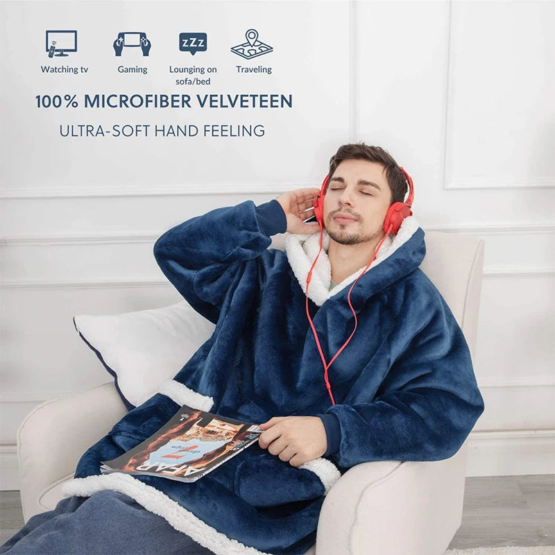 Winter Warm TV Blanket with Sleeves Big Pocket Fleece Family Sherpa Hoodies Oversized Flannel Soft Hooded Robe Blankets