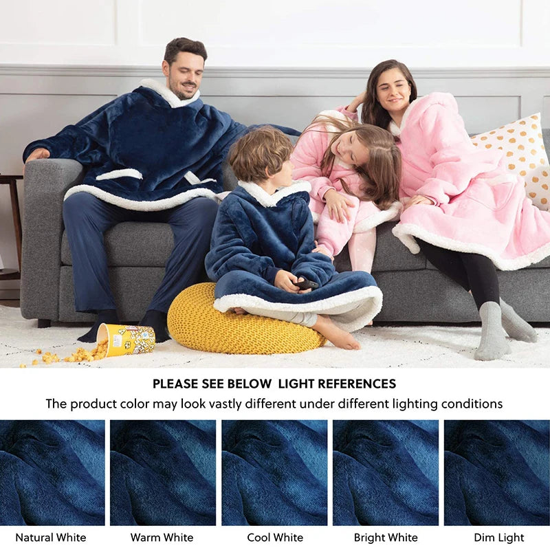 Winter Warm TV Blanket with Sleeves Big Pocket Fleece Family Sherpa Hoodies Oversized Flannel Soft Hooded Robe Blankets