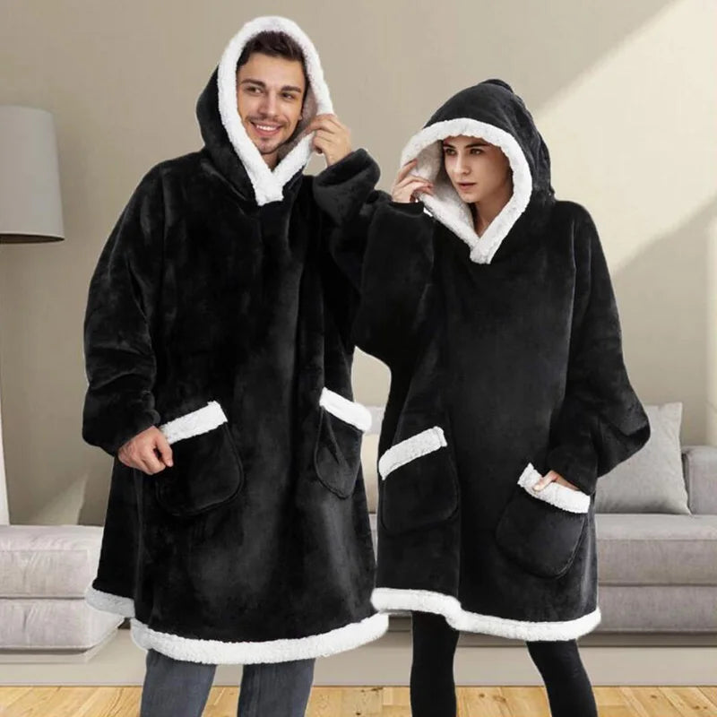 Winter Warm TV Blanket with Sleeves Big Pocket Fleece Family Sherpa Hoodies Oversized Flannel Soft Hooded Robe Blankets