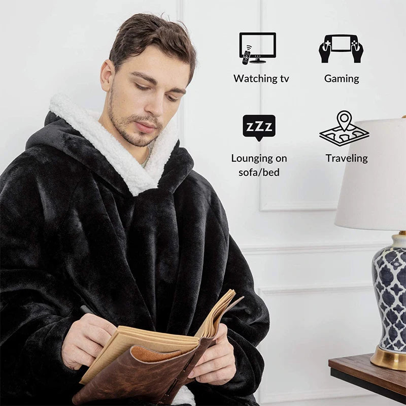 Winter Warm TV Blanket with Sleeves Big Pocket Fleece Family Sherpa Hoodies Oversized Flannel Soft Hooded Robe Blankets