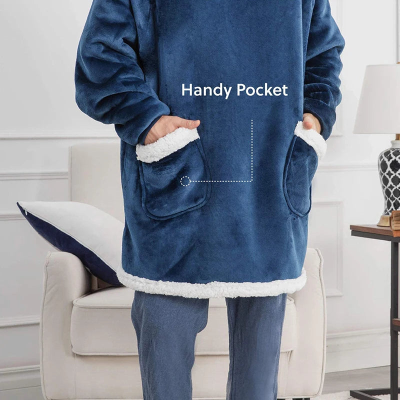 Winter Warm TV Blanket with Sleeves Big Pocket Fleece Family Sherpa Hoodies Oversized Flannel Soft Hooded Robe Blankets