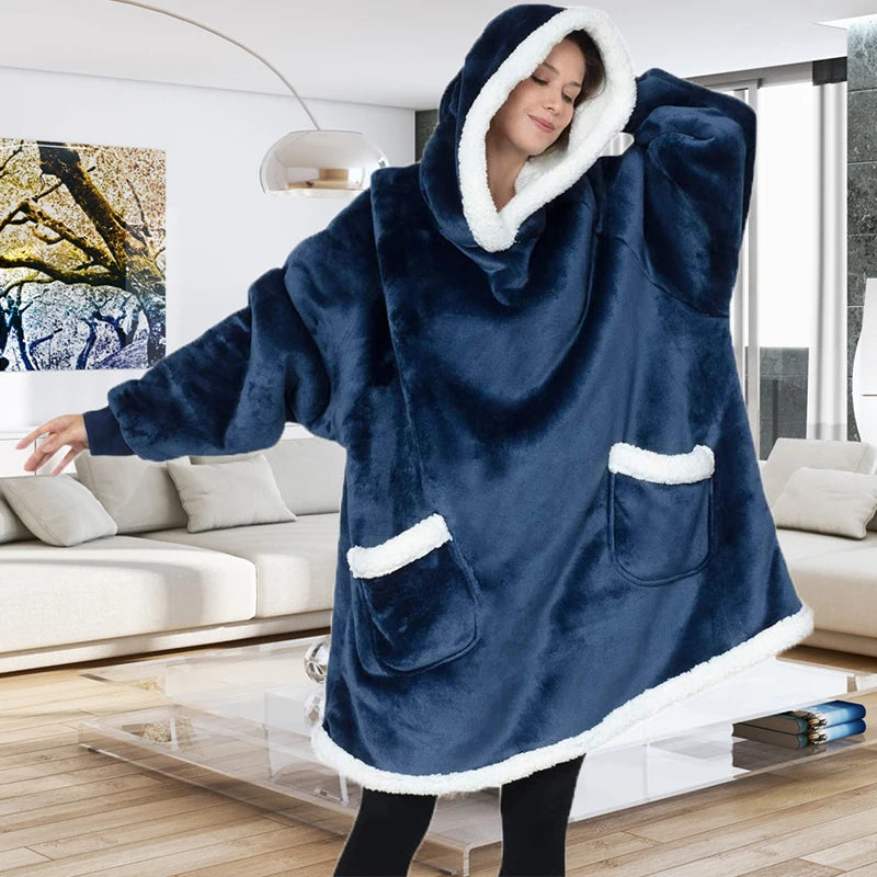 Winter Warm TV Blanket with Sleeves Big Pocket Fleece Family Sherpa Hoodies Oversized Flannel Soft Hooded Robe Blankets