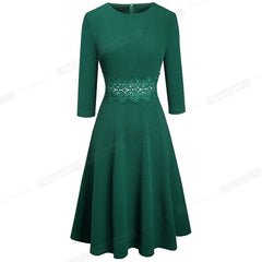 Nice-forever Autumn Retro Pure Color with Lace Dresses Party A-Line Women Flared Swing Dress A190